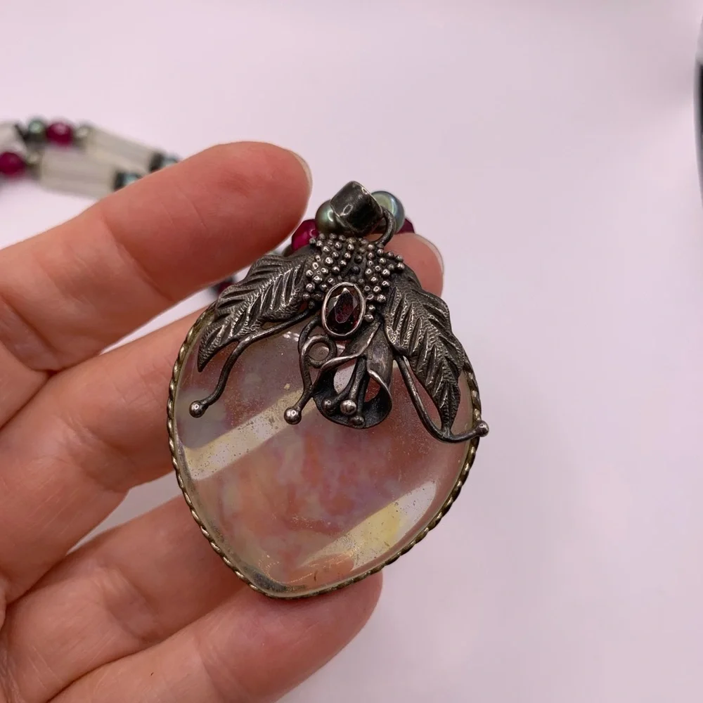 Moonstone and Garnet Sterling Unique Vintage Artisan Made Pendant